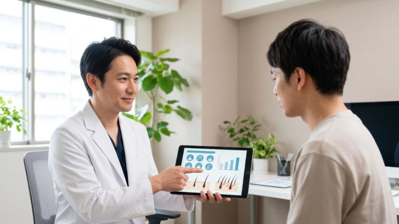 医師がタブレットでヘアサイクルについて解説する診察。AGAの原因を理解し、後悔しない治療選びを支援。