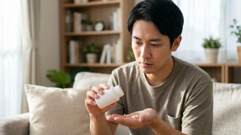 処方されたAGA治療薬を服用する日常的なシーン。自宅での継続的なケアが発毛効果を高める。