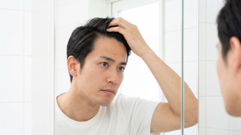 鏡を見て頭頂部の薄毛状態を確認する男性。自分では気づきにくい部位のAGA進行をセルフチェックしている様子。
