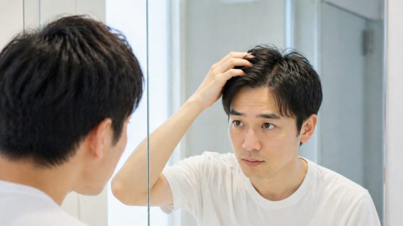 鏡を見て分け目の状態を確かめる男性。AGA治療による毛量の変化を日々のセルフチェックで把握する。