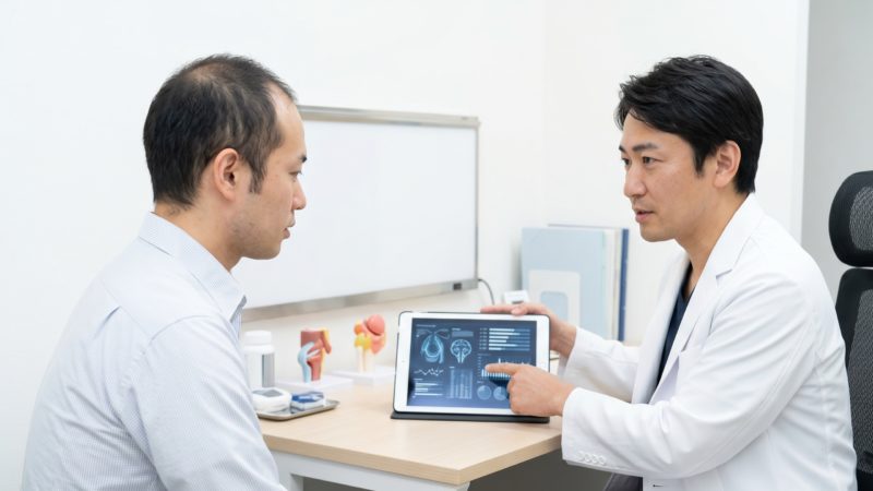 AGA専門クリニックでの診察風景。医師がタブレットのデータを用いて治療方針や効果を丁寧に説明。