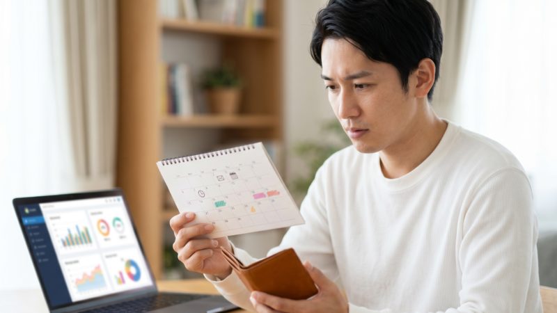 治療スケジュールと予算を照らし合わせる男性。AGA治療を後悔なく続けるための、金銭面と時間の計画立て。