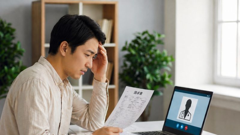 ノートパソコンの画面に映る白衣の医師と対話しながら、手元の請求書のような書類を見つめ、左手をおでこに当てて悩む男性。