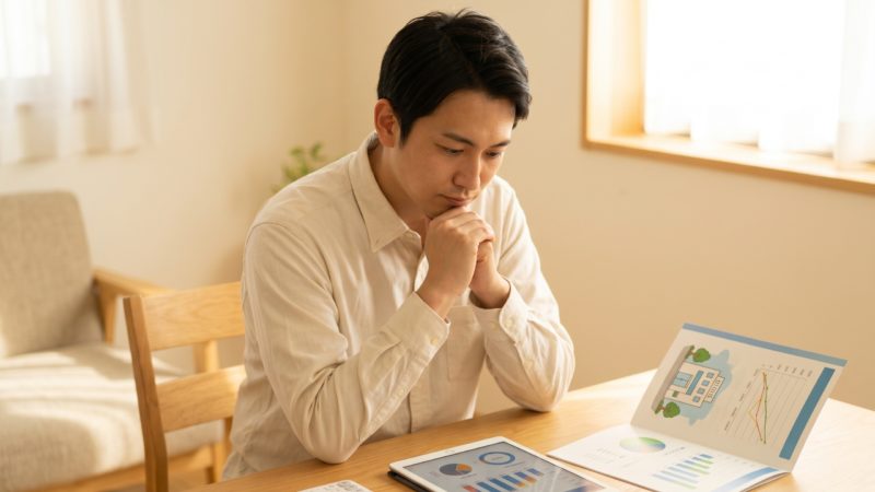 AGA治療のプランや費用を比較検討する男性。後悔しないために、予算と治療内容をじっくり見極めている様子。