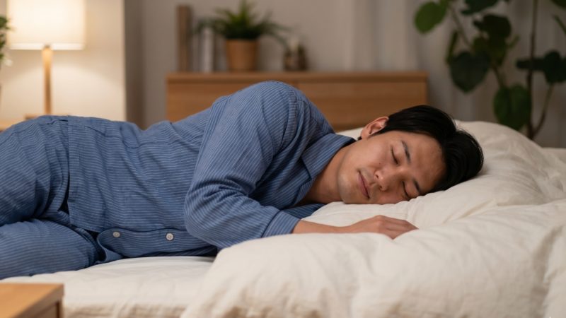 髪の成長に必要な深い睡眠をとる男性。AGA治療の効果を最大限に引き出すための、規則正しい生活習慣のイメージ。