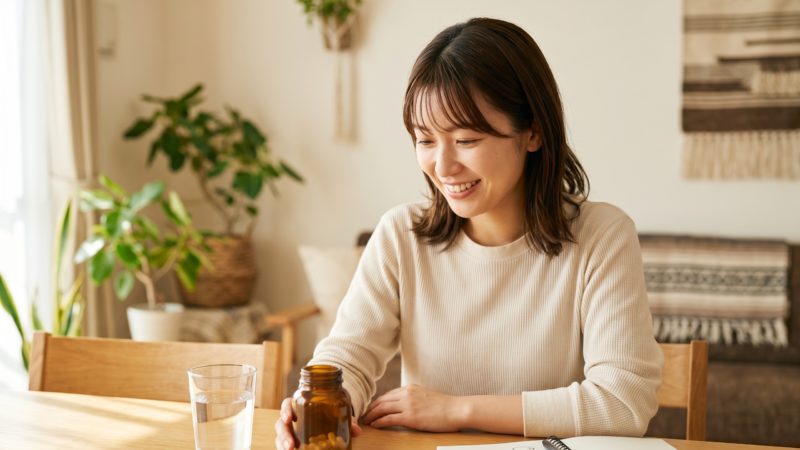 毎日のルーティンとしてむくみサプリを飲む準備をしながら、健康的な毎日を楽しむ女性のライフスタイル。