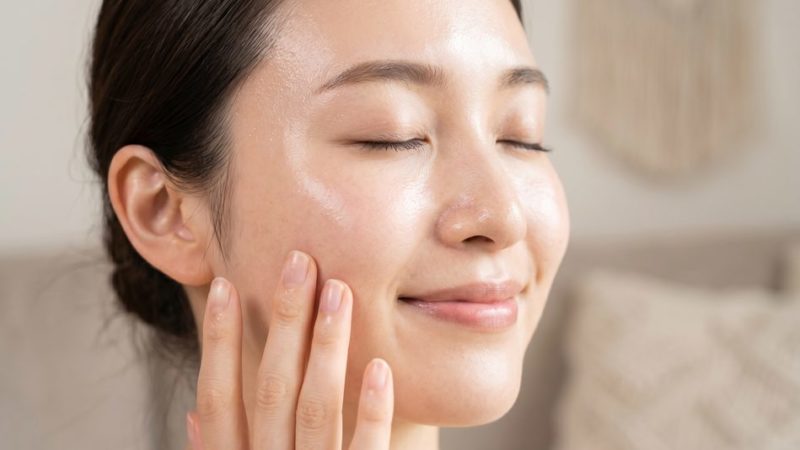 正しいスキンケアで肌荒れが改善し、潤いのある健やかなツヤ肌を手に入れて微笑む女性。