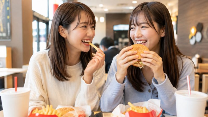 女性2人がお腹に脂肪がつく原因となる高カロリーのファーストフードを食べている様子。