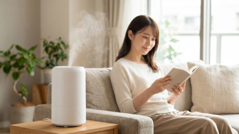 部屋の乾燥による肌荒れを防ぐため、加湿器でしっかり保湿しながらソファで読書をしてリラックスする女性。