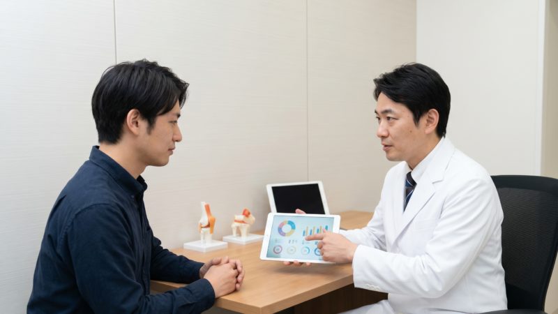医師から治療実績のデータ説明を受ける男性。AGA治療の費用対効果や期待できる発毛結果を数値で確認。
