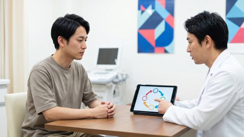 AGA治療のステップをサイクル図で解説する医師。完治までの流れを把握し、納得のいく治療計画を立てる。