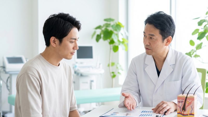 皮膚模型を用いてAGAの状態を解説するカウンセリング。専門医との相談を通じた最適なクリニック選び。