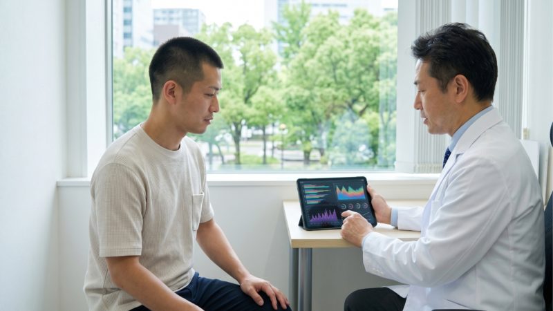 AGAクリニックで医師の診察を受ける男性。後悔しない選び方として重要な、丁寧なカウンセリングが行われている様子。