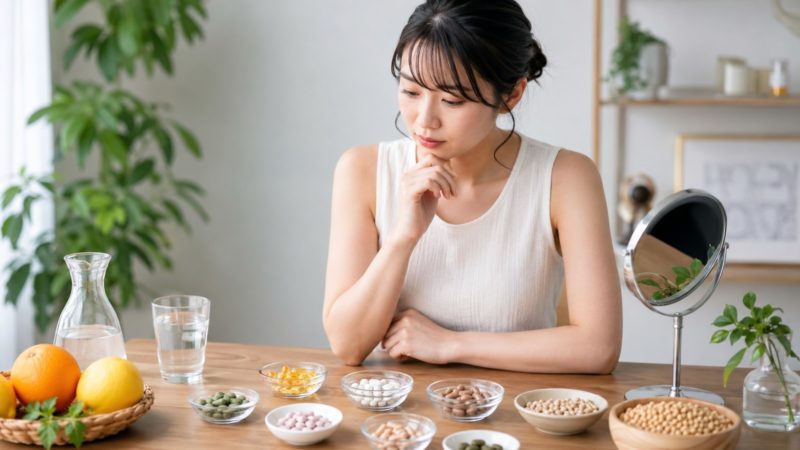 肌荒れに効くサプリの選び方を悩む女性と、テーブルに並んだビタミン類や大豆などの多彩なサプリメント。