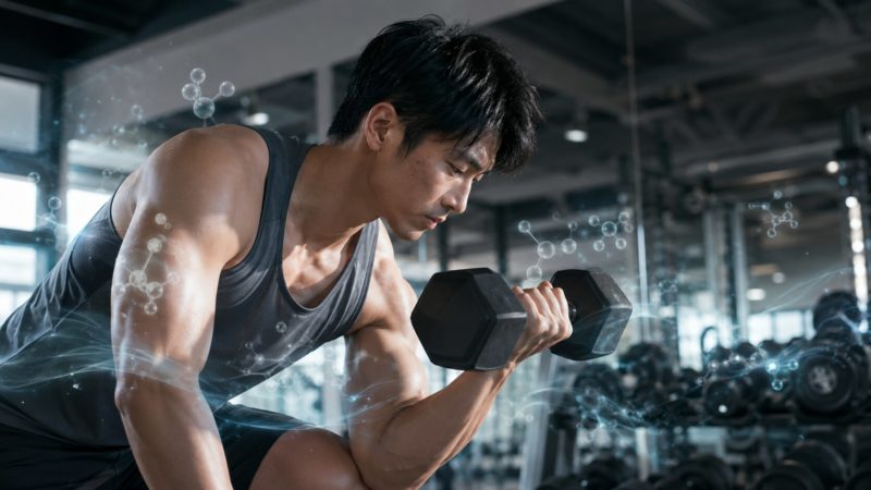 筋トレ中の男性と分子構造が描かれた、HMBサプリメントが筋肉に働きかけるイメージ。
