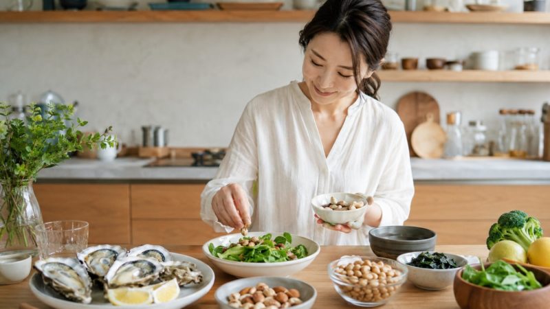 明るいキッチンで、テーブルに並んだ生牡蠣、大豆、ナッツなどの豊富な食材を前に微笑む白い服の女性。