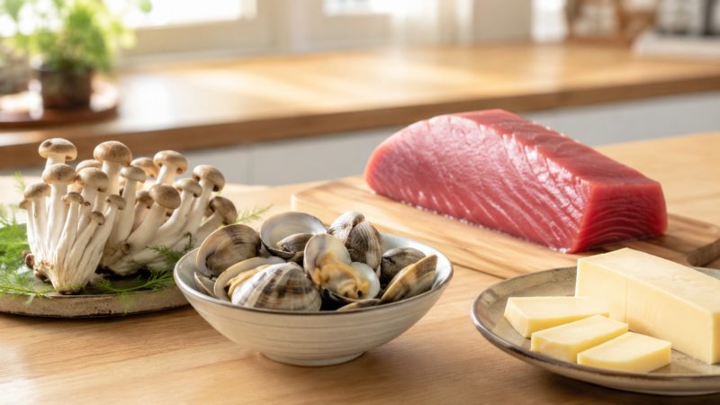 オルニチン配合サプリの原料としても知られる、しじみやマグロ、しめじなどの食材が並んだ様子。
