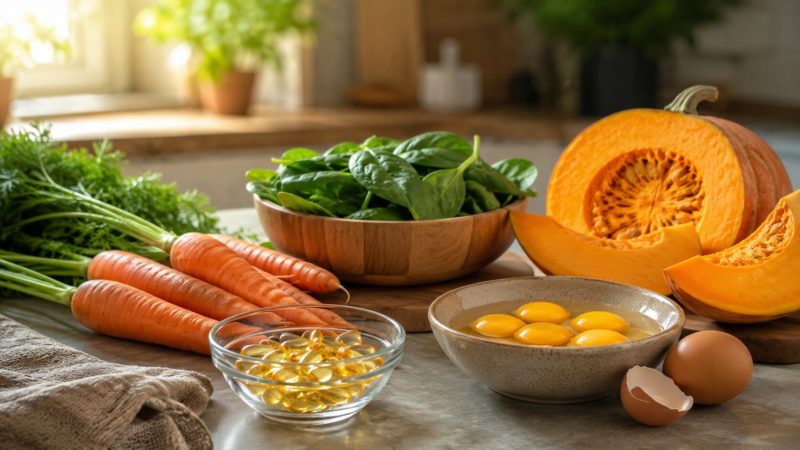 食品とビタミンAサプリの効率的な組み合わせ。βカロテン豊富な緑黄色野菜と、補給用のサプリメントが並ぶ様子。