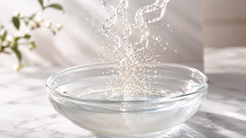コラーゲンペプチドの仕組みを解説するイメージ。分子が細かく分解され、水に素早く溶解する高い浸透性を表現。