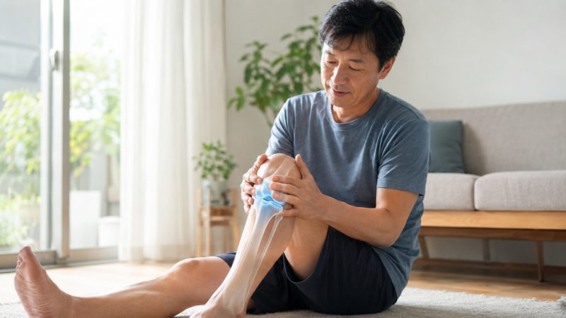膝関節の軟骨成分をイメージしたイラストが重なる男性。コンドロイチンサプリの必要性を説明。