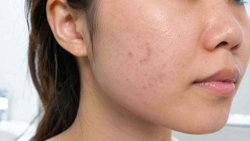 赤いニキビが頬に広がっている状態。種類別の原因を理解し、適切な対策やサプリメント選びが必要な肌トラブル。