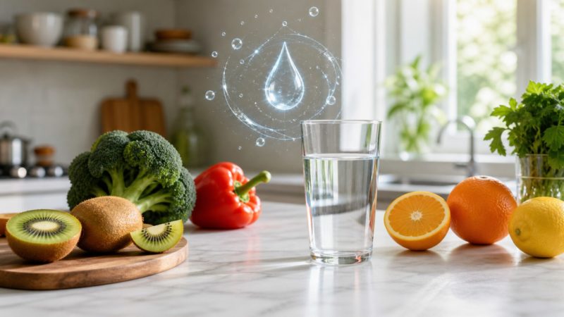 ビタミンCを豊富に含む食品と水。効果的な摂取方法をイメージした新鮮なレモンやキウイ、ブロッコリーと水のグラス。