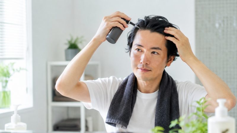 育毛剤を使用するメリットを実感するため、鏡を見ながら丁寧に頭皮ケアを行う清潔感のある男性。