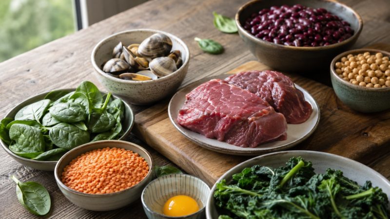 鉄分補給に欠かせない基礎知識として、赤身肉やほうれん草など代表的な食材の例。