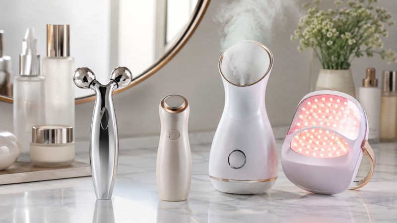 たるみケアに役立つ様々な種類の美顔器の比較。機能や形状の違いを理解し、自分のライフスタイルに合った美顔器を選ぶためのイメージ。
