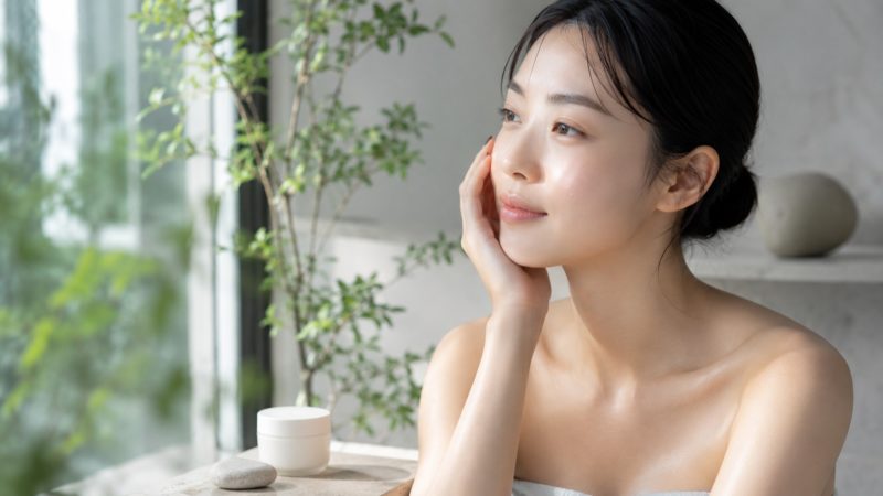 毛穴ケア化粧水で整えられた、潤いとツヤのある美しい素肌。透明感のある肌を保つスキンケア後の健やかな女性の表情。
