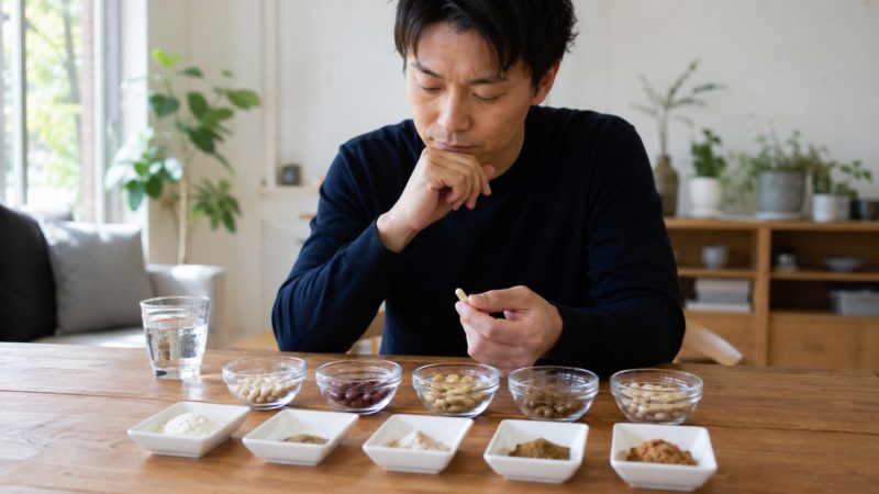 配合量やコスパを比較して失敗しないオルニチンサプリを選ぶため、多くの候補を前に検討する男性。