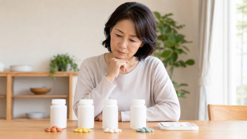 数あるグルコサミンサプリの中から、どれを選ぶべきか比較検討し、真剣な表情で見つめる女性。