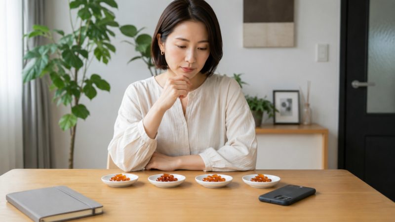 アスタキサンチンサプリのおすすめを比較し、成分や含有量の違いから最適な選び方を考える女性。