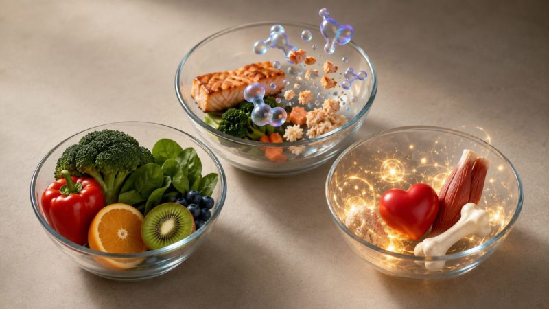 ビタミンやタンパク質などの栄養素。野菜、魚、筋肉の模型が入ったボウルから、酵素が体に働きかける様子をイメージした光や気泡が立ち上っている。