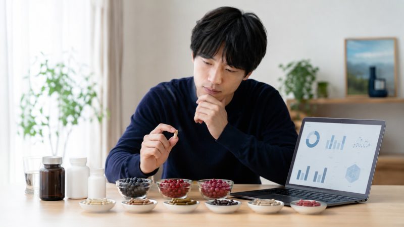 ブルーベリーサプリの選び方を確認する男性。PCの比較表を見ながら、アントシアニンの含有量や原料の種類を真剣にチェックしている様子。