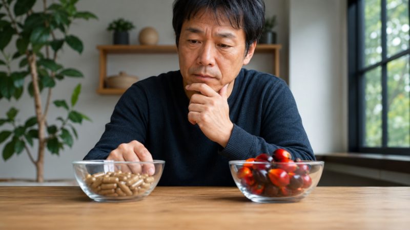 自分に合ったノコギリヤシサプリを選ぶポイント。成分量や価格を比較して悩む男性のイメージ。
