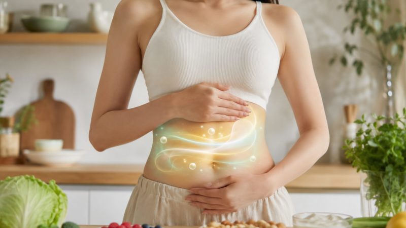 乳酸菌が腸内環境にアプローチする様子をイメージし、お腹の健康をサポートする視覚効果。