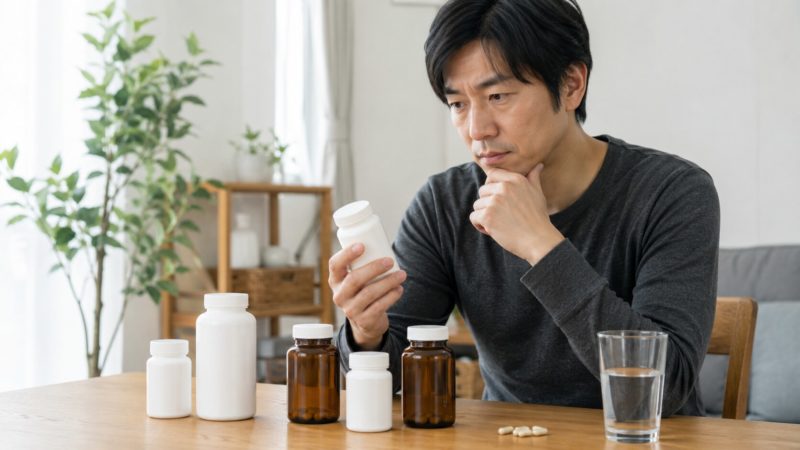 自分に合ったHMBサプリメントの選び方に悩み、複数の白いボトルを比較検討している男性。