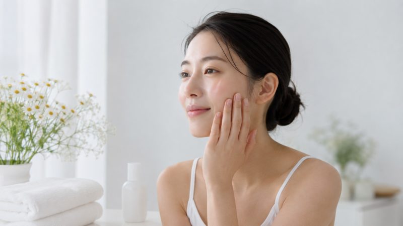正しい毛穴ケアで整った、潤いのある素肌の女性。化粧水で保湿された透明感あふれる肌の仕上がりイメージ。