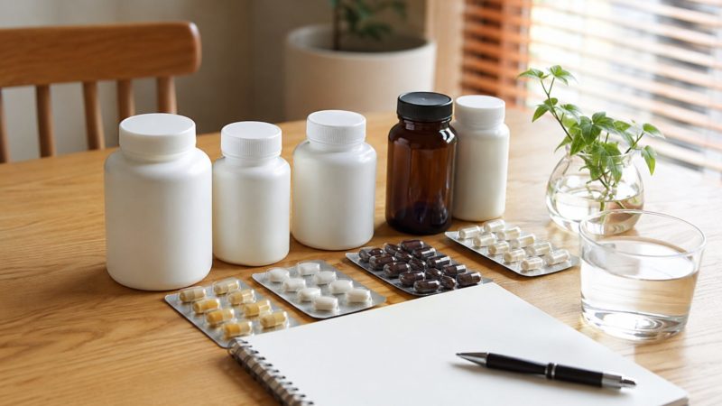 効果的な乳酸菌サプリを選ぶため、ボトルの形状や特徴をメモを取りながら比較する様子。