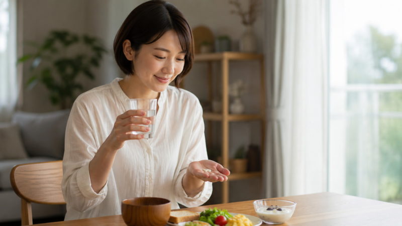 飲みやすさを重視した飲む日焼け止めの選び方。習慣化しやすいよう、朝食時にサプリメントを服用する女性。