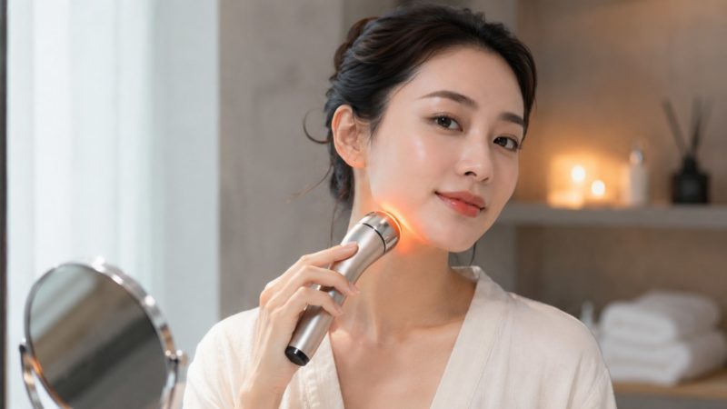 温熱機能を持つ美顔器で首元のたるみケアを行う様子。RFなどの最新技術で肌を温めながら、年齢が出やすい首やフェイスラインを整える。
