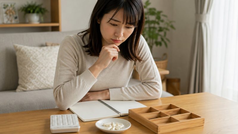 アスタキサンチンサプリの選び方や飲む際の注意点を、ノートに書き留めながら比較検討する様子。