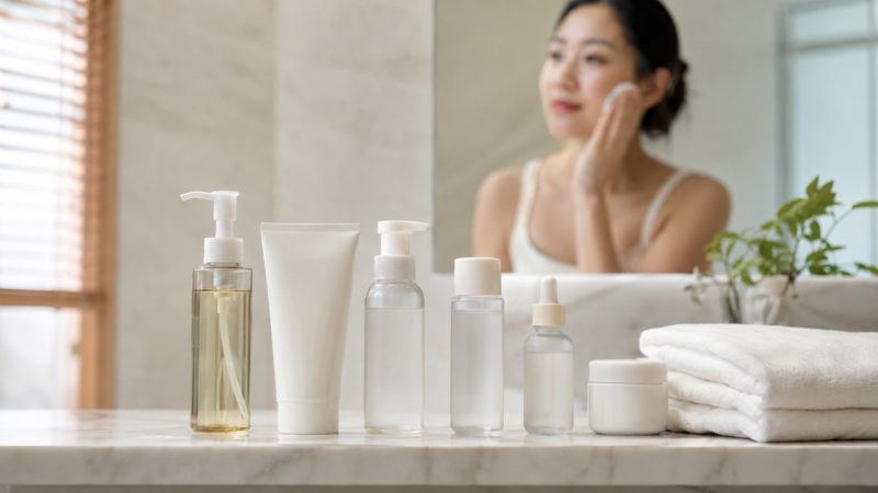 毛穴ケアに最適なスキンケア製品のボトルセット。化粧水の正しい選び方や使う順番をイメージさせる配置。