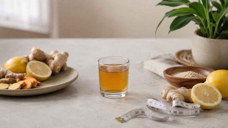 生姜とレモンで手作りした酵素ドリンクと、ダイエットの成果を測るメジャー。