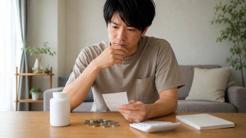 サプリ選びで重要な価格と継続性を考える男性。電卓と小銭を使いコストパフォーマンスを検討。
