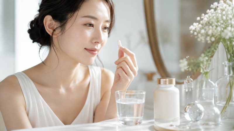 おすすめのプラセンタサプリを持つ女性。美肌を支える正しい摂取方法を意識し、一粒のカプセルを大切に手にする柔らかな描写。