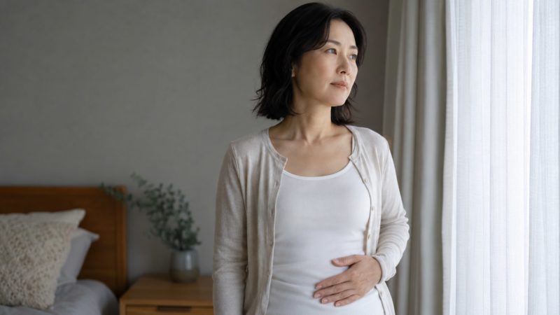 シミや肌トラブルの悩みについて考え込み、室内で静かに自分自身と向き合う女性の様子。