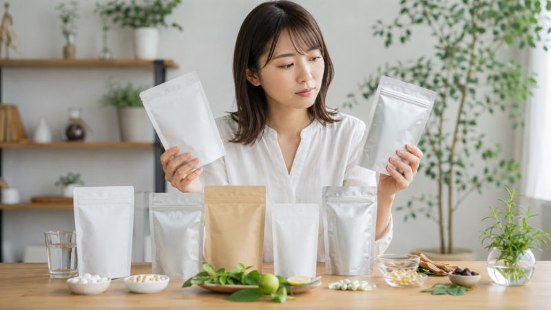 本当に効く口臭サプリを見つけるため、成分や特徴が異なる複数の製品を比較する女性。