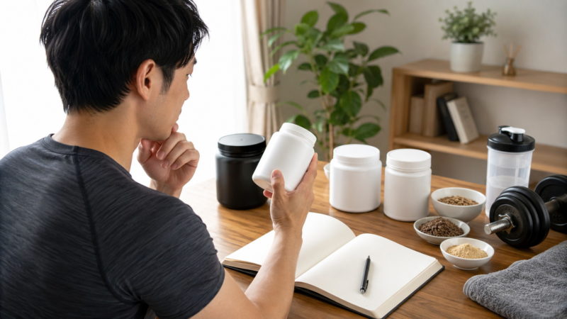 自分に最適なおすすめサプリを比較検討するため、成分や特徴をノートにメモしながら選ぶ男性。